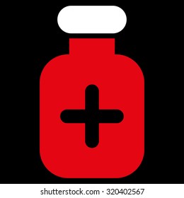 Medication Vial vector icon. Style is bicolor flat symbol, red and white colors, rounded angles, black background.