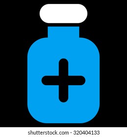 Medication Vial vector icon. Style is bicolor flat symbol, blue and white colors, rounded angles, black background.
