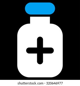 Medication Vial vector icon. Style is bicolor flat symbol, blue and white colors, rounded angles, black background.