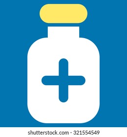 Medication Vial vector icon. Style is bicolor flat symbol, yellow and white colors, rounded angles, blue background.