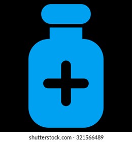 Medication Vial vector icon. Style is flat symbol, blue color, rounded angles, black background.