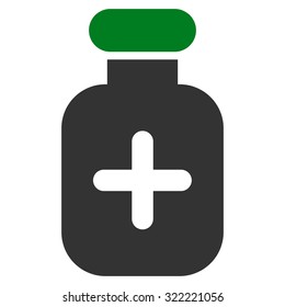 Medication Vial vector icon. Style is bicolor flat symbol, green and gray colors, rounded angles, white background.