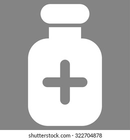Medication Vial vector icon. Style is flat symbol, white color, rounded angles, gray background.