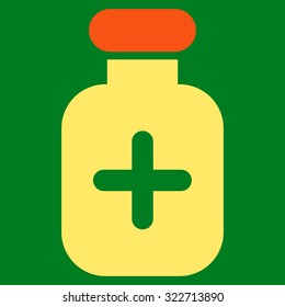 Medication Vial vector icon. Style is bicolor flat symbol, orange and yellow colors, rounded angles, green background.