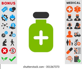 Medication Vial vector icon. Style is bicolor flat symbol, eco green and gray colors, rounded angles, white background.