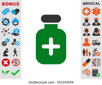 Medication Vial vector icon. Style is bicolor flat symbol, green and gray colors, rounded angles, white background.