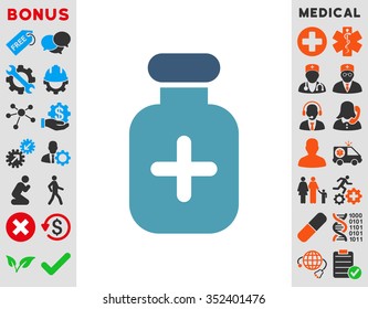 Medication Vial vector icon. Style is bicolor flat symbol, cyan and blue colors, rounded angles, white background.