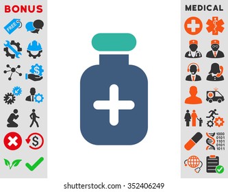 Medication Vial vector icon. Style is bicolor flat symbol, cobalt and cyan colors, rounded angles, white background.