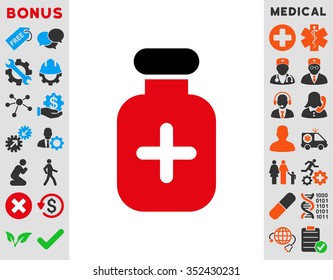 Medication Vial vector icon. Style is bicolor flat symbol, intensive red and black colors, rounded angles, white background.