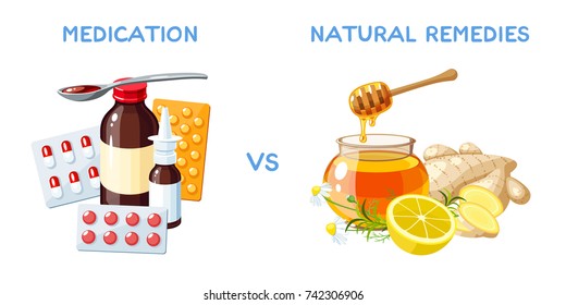 Medication vs natural remedies. Drugs, pills and medicinal syrup. Honey, ginger and lemon. Vector cartoon illustration isolated on white.