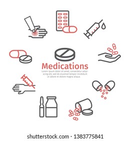 Medications banner. Medical supplies line icons set. Vector sign