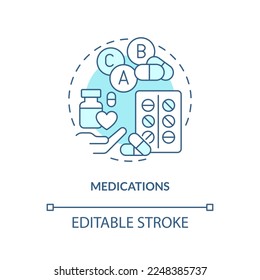 Icono de concepto azul de medicamentos. Píldoras. Ilustración en línea delgada de idea abstracta del plan de atención integral de la enfermedad crónica. Dibujo de contorno aislado. Trazo editable. Fuentes Arial, Myriad Pro-Bold utilizadas