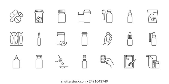 Medications, icon sheet. Pharmaceutical products - pill, tablet, capsule, syrup, spray, vitamin, drug, medicine, injection. Treatment, prescription, therapy. Line icon set. Editable strokes