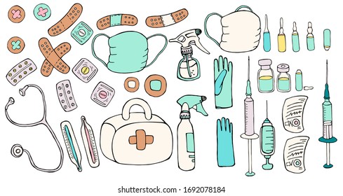 Medications isolated on a white background.Hand-drawn illustration with colorful fill.Prescription, gloves, protection, mask, injection, vaccine, pills, patch, thermometer, first aid kit, spray.