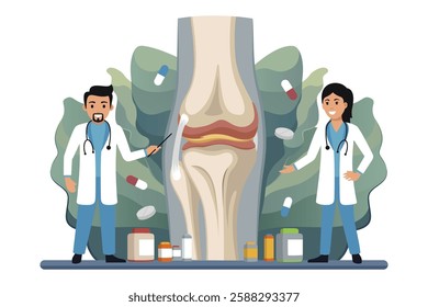 Medications. Joint treatment. Doctors talk about the effect of medications on joint recovery. Vector illustrations on a white background. Flat design