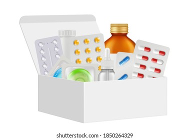 Medications kit. First aid box, realistic pills, bottles condoms. Isolated 3d white cardboard packing with drugs vector illustration