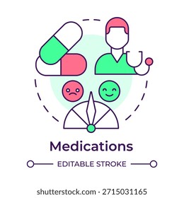 Icono de concepto multicolor de medicamentos. Tratamiento farmacéutico, gestión de medicamentos. Ilustración de línea de forma redonda. Abstractas idea. Diseño gráfico. Fácil de usar en el poste del blog, folleto