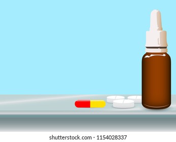 Medications on a metal table. Eps 10 vector illustration about pipette bottle, tablets and capsules.