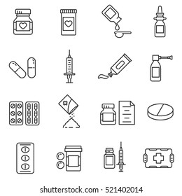 Medications Pharmaceutical drugs in different packages, linear symbols collection. isolated vector illustration.