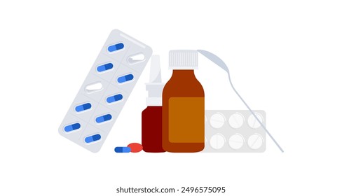 Medicamentos: píldoras, aerosol nasal, cápsulas, tabletas en ampollas, jarabe. Composición de la medicina, aislada. Tratamiento, farmacia, prescripción y concepto de atención médica. Ilustración vectorial plana simple