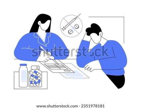 Medications prescription abstract concept vector illustration. Doctor prescribes medications for drug addicted patient, psychiatry industry, substance abuse treatment abstract metaphor.