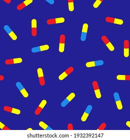 Medications seamless pattern. Pharmaceutical product. Dosage forms. Vector graphic. Isolated on blue background. Medicament or vitamins. Medical and healthcare concept. For packaging, wrapping, fabric