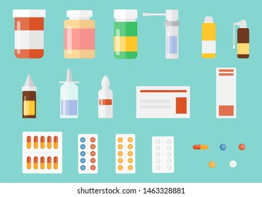 Medications. A set of medicines, pills, vitamins, drugs, sprays. Medical kit.