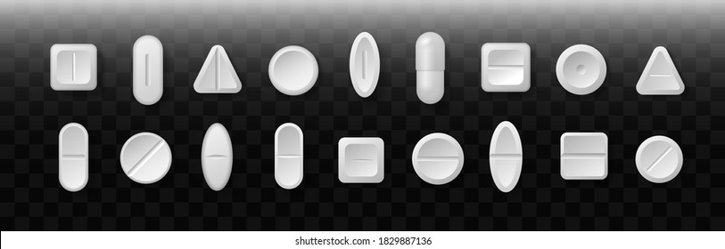 Medications. Set of white pills and tablets on transparent background. Medical and healthcare concept. Vector illustration.