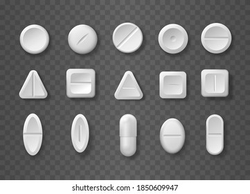 Arzneimittel. Set von weißen Tabletten und Tabletten auf transparentem Hintergrund. Konzept der Medizin und des Gesundheitswesens. Vektorgrafik.