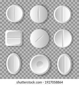 Medications. Set of white pills and tablets on transparent background. Medical and healthcare concept. Vector illustration.