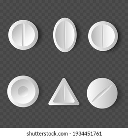 Medications. Set of white pills and tablets on transparent background. Medical and healthcare concept.