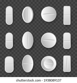 Medications. Set of white pills and tablets on transparent background. Medical and healthcare concept.