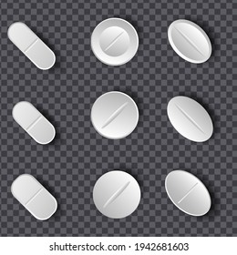 Arzneimittel. Set von weißen Tabletten und Tabletten auf transparentem Hintergrund. Konzept der Medizin und des Gesundheitswesens.