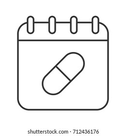 Medications taking schedule linear icon. Thin line illustration. Calendar page with pill. Contour symbol. Vector isolated outline drawing