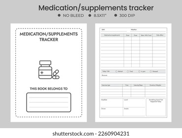 medications Tracker KDP interior journal. Regular supplement and vitamin information tracker interior.  Vitamin tracker.