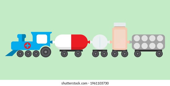 Medications train vector concept. Pill bottle, drugs blister and pill in flat style. vector illustration.