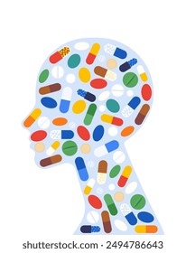 Medications. Various forms of pills, capsules and tablets fills head silhouette. Female head shape. Treatment, recovery, therapy concept. Simple and quite vector illustration. 