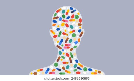 Medicamentos. Diversas formas de píldoras, cápsulas y tabletas llenan la silueta de la cabeza. Forma de la cabeza femenina. Tratamiento, recuperación, concepto de terapia. Simple y bastante Ilustración vectorial