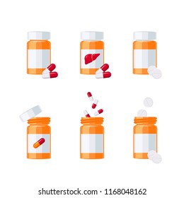 Medications vector concept. Set of colorful pill bottles in flat style