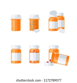 Medications vector concept. Set of colorful pill bottles (empty and full of drugs) in flat style