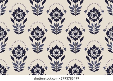 Medici Flower Ikat Seamless Pattern Background Vector, Traditional Floral Damask Motif Design, Ethnic Tribal Textile Wallpaper, Dark Navy Blue Monochrome Floral Print for Home Decor Fashion