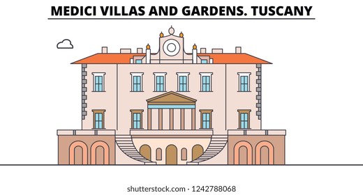 Medici Villas And Gardens. Tuscany line travel landmark, skyline, vector design. Medici Villas And Gardens. Tuscany linear illustration. 