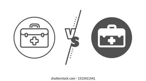 Medicical kit sign. Versus concept. First aid line icon. Pharmacy medication symbol. Line vs classic first aid icon. Vector