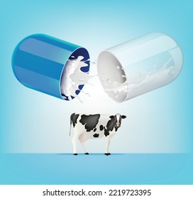 The medicinal capsule opens into cow's milk.illustration vector