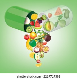 The medicinal capsule opens into a variety of fruits.illustration vector