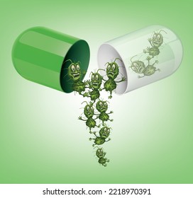 Medicinal capsules open up there are bacteria. illustration vector