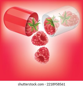 Medicinal capsules open up there are raspberry. illustration vector