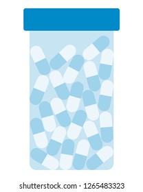 Medicinal capsules in a plastic jar with a lid vector flat icon isolated on white