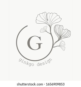 Medicinal ginkgo biloba leaves green icon in trendy hand-drawn style, isolated vector round logo natural. Template for packaging cosmetics, medicines, biological additives, natural products.