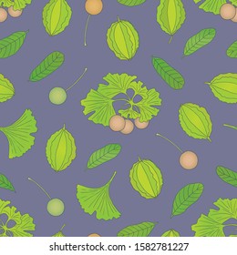 Medicinal herbs collection. Vector hand drawn seamless pattern with Terminalia arjuna and ginkgo biloba plants